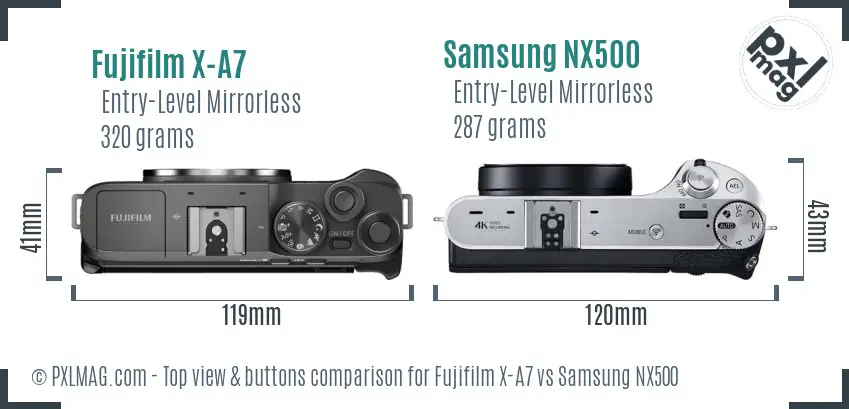 Fujifilm X-A7 vs Samsung NX500 top view buttons comparison