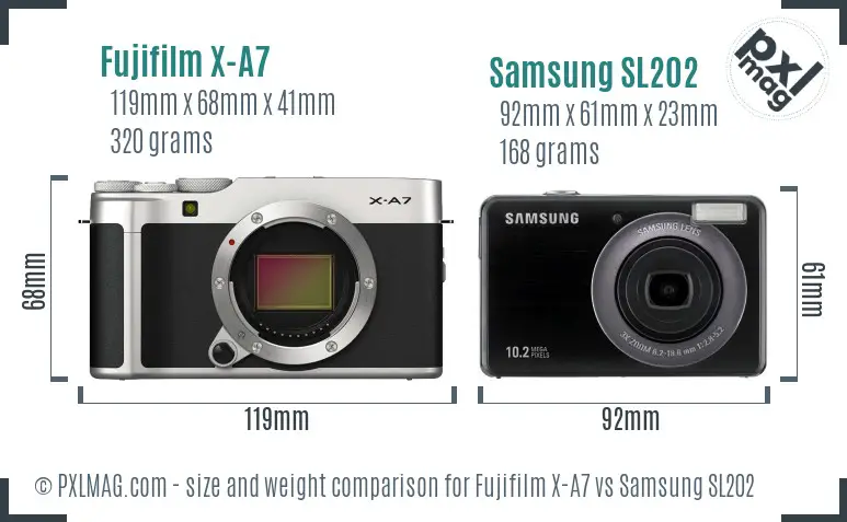 Fujifilm X-A7 vs Samsung SL202 size comparison