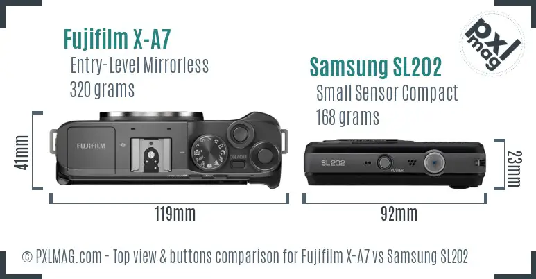 Fujifilm X-A7 vs Samsung SL202 top view buttons comparison