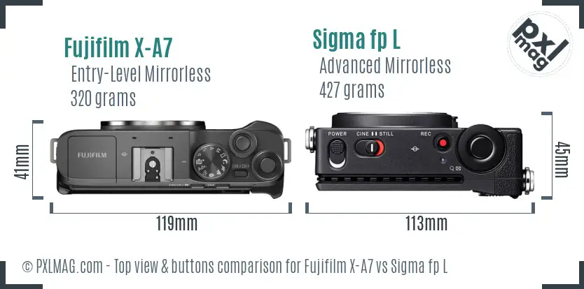 Fujifilm X-A7 vs Sigma fp L top view buttons comparison