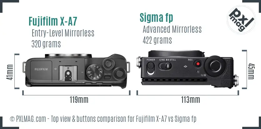 Fujifilm X-A7 vs Sigma fp top view buttons comparison