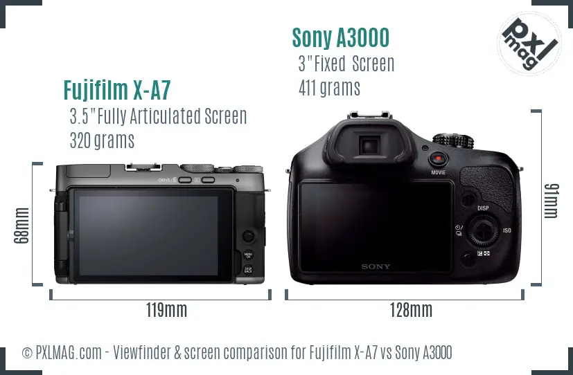 Fujifilm X-A7 vs Sony A3000 Screen and Viewfinder comparison