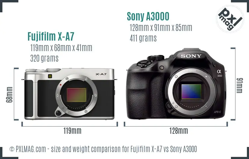 Fujifilm X-A7 vs Sony A3000 size comparison