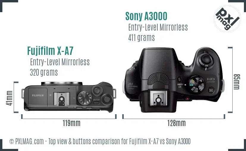 Fujifilm X-A7 vs Sony A3000 top view buttons comparison
