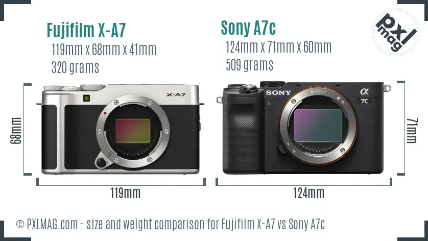 Fujifilm X-A7 vs Sony A7c size comparison