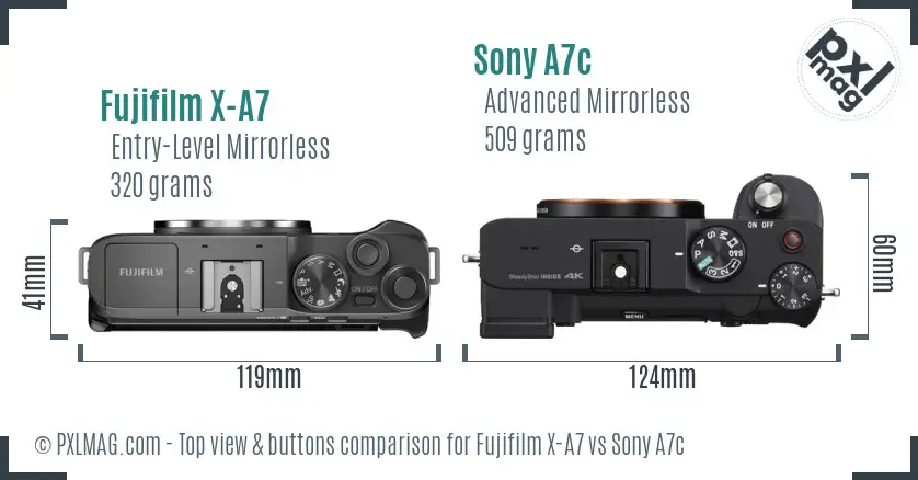 Fujifilm X-A7 vs Sony A7c top view buttons comparison
