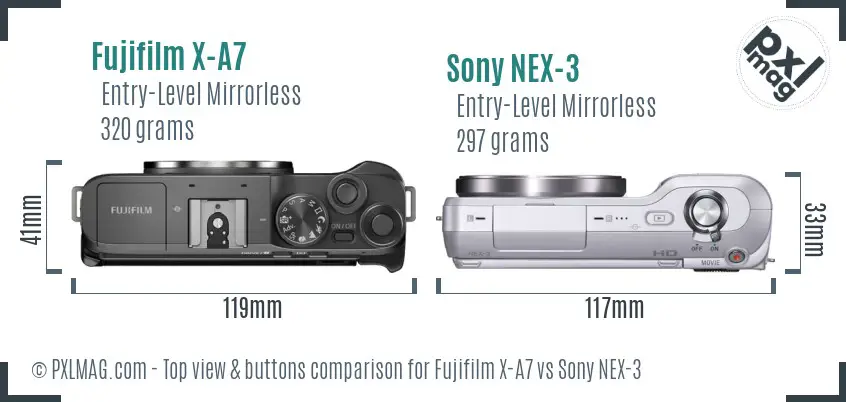 Fujifilm X-A7 vs Sony NEX-3 top view buttons comparison
