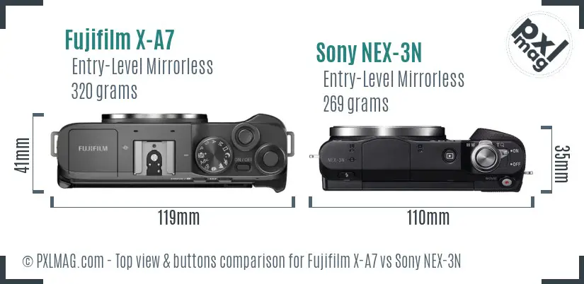 Fujifilm X-A7 vs Sony NEX-3N top view buttons comparison