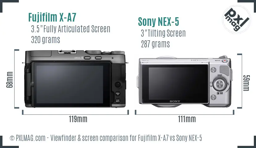 Fujifilm X-A7 vs Sony NEX-5 Screen and Viewfinder comparison