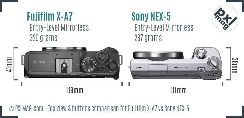 Fujifilm X-A7 vs Sony NEX-5 top view buttons comparison