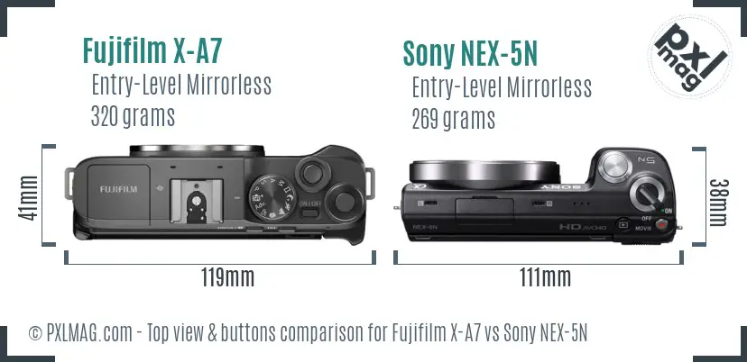 Fujifilm X-A7 vs Sony NEX-5N top view buttons comparison