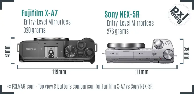 Fujifilm X-A7 vs Sony NEX-5R top view buttons comparison