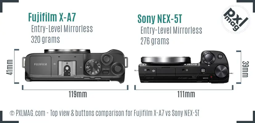 Fujifilm X-A7 vs Sony NEX-5T top view buttons comparison