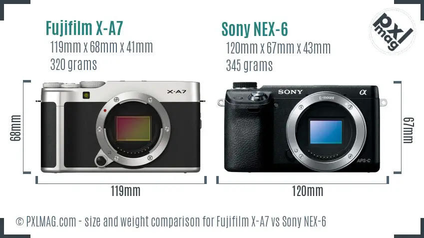 Fujifilm X-A7 vs Sony NEX-6 size comparison