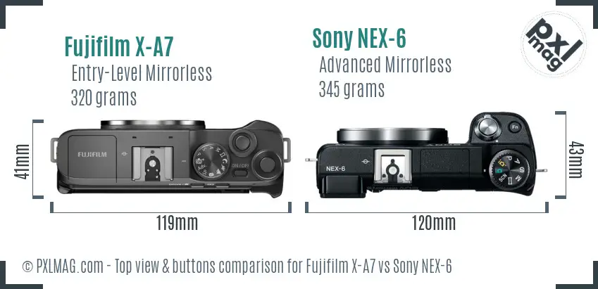 Fujifilm X-A7 vs Sony NEX-6 top view buttons comparison