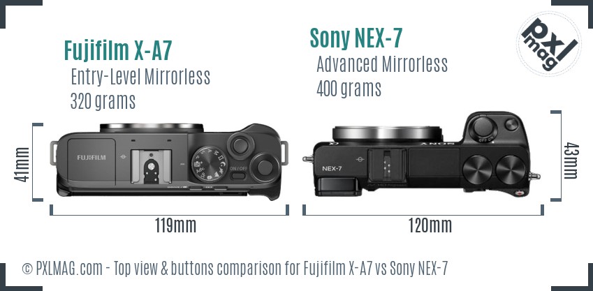 Fujifilm X-A7 vs Sony NEX-7 top view buttons comparison
