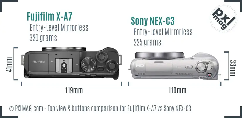 Fujifilm X-A7 vs Sony NEX-C3 top view buttons comparison