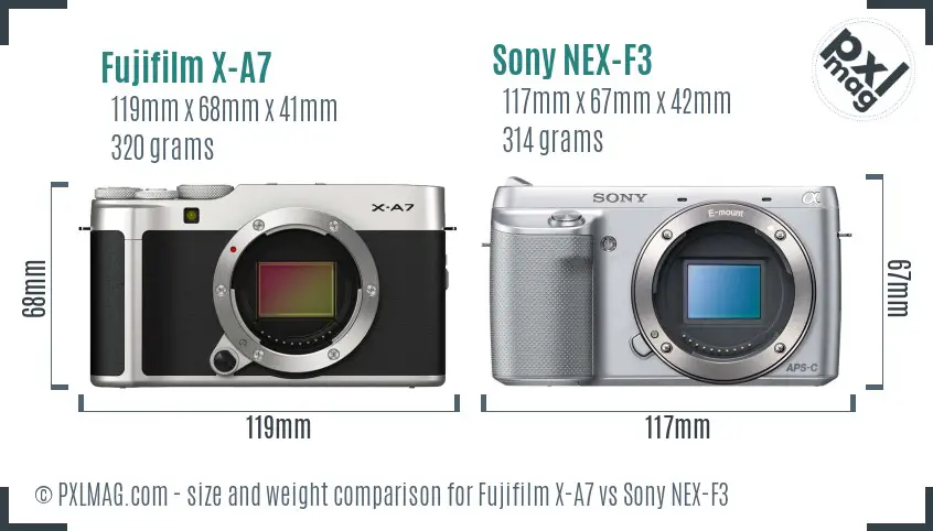 Fujifilm X-A7 vs Sony NEX-F3 size comparison