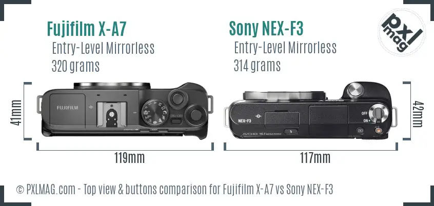 Fujifilm X-A7 vs Sony NEX-F3 top view buttons comparison