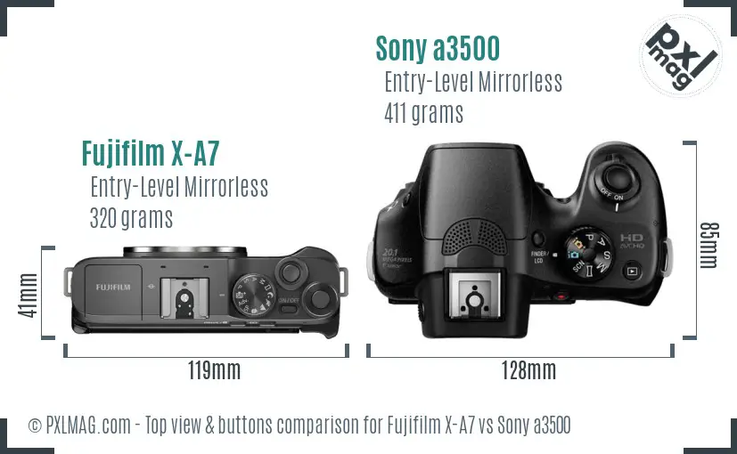 Fujifilm X-A7 vs Sony a3500 top view buttons comparison