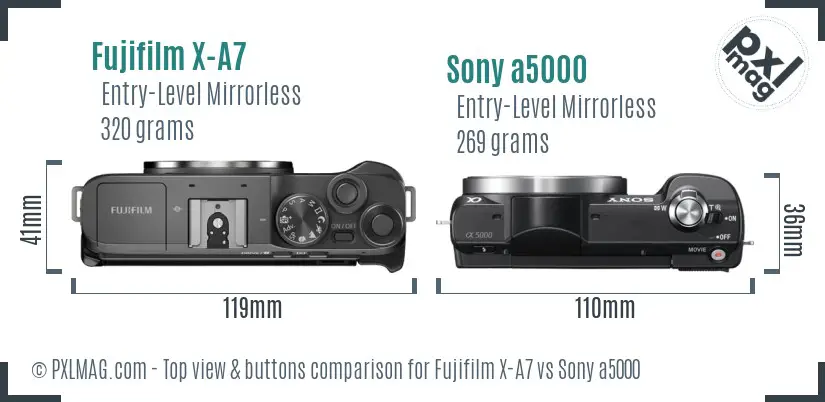Fujifilm X-A7 vs Sony a5000 top view buttons comparison
