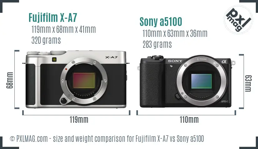 Fujifilm X-A7 vs Sony a5100 size comparison