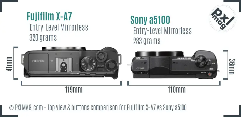 Fujifilm X-A7 vs Sony a5100 top view buttons comparison