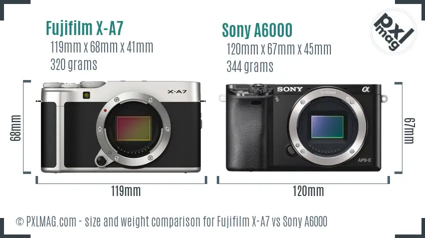Fujifilm X-A7 vs Sony A6000 size comparison