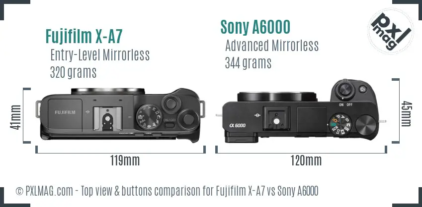 Fujifilm X-A7 vs Sony A6000 top view buttons comparison