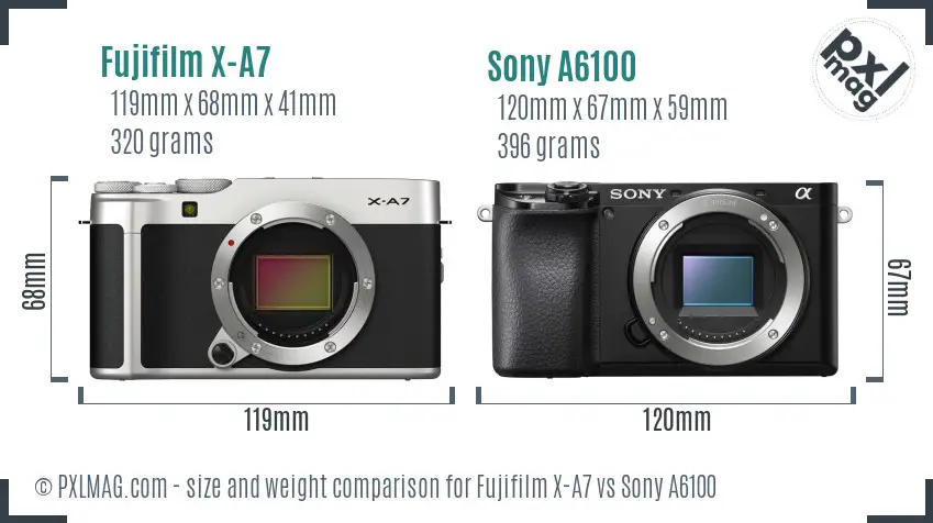 Fujifilm X-A7 vs Sony A6100 size comparison