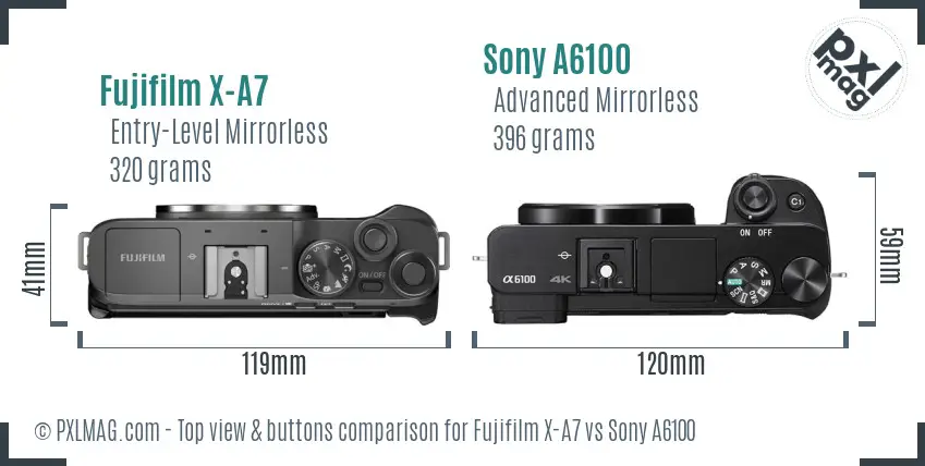 Fujifilm X-A7 vs Sony A6100 top view buttons comparison