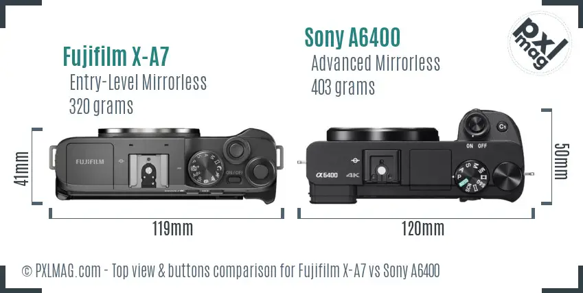 Fujifilm X-A7 vs Sony A6400 top view buttons comparison