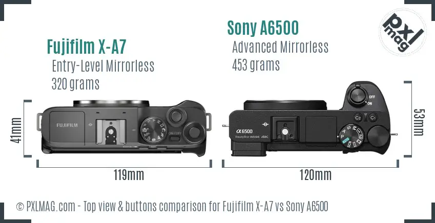 Fujifilm X-A7 vs Sony A6500 top view buttons comparison Fujifilm X-A7 vs Sony A6500 top view buttons comparison