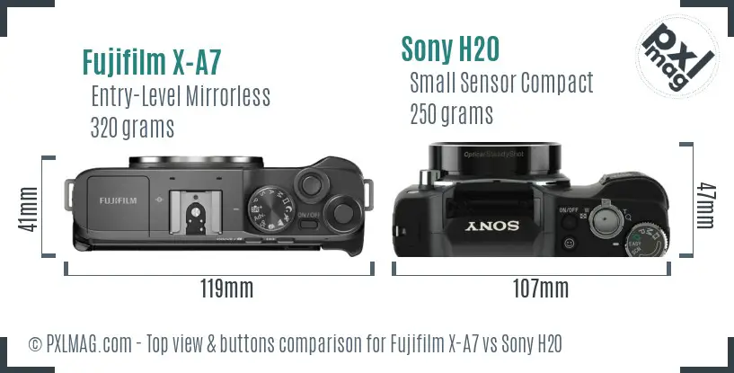 Fujifilm X-A7 vs Sony H20 top view buttons comparison