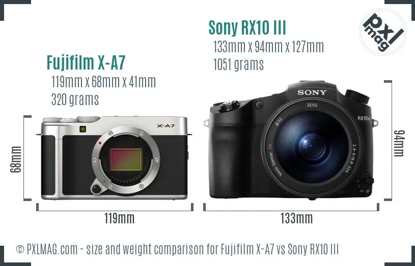 Fujifilm X-A7 vs Sony RX10 III size comparison