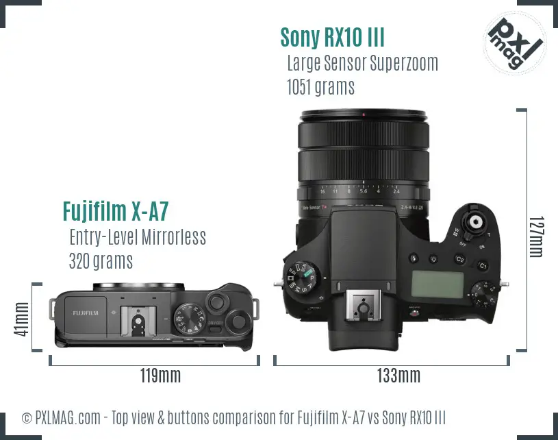 Fujifilm X-A7 vs Sony RX10 III top view buttons comparison