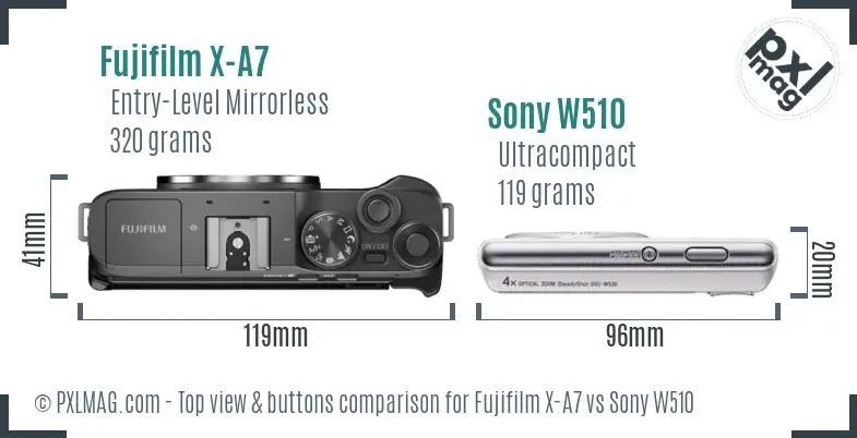 Fujifilm X-A7 vs Sony W510 top view buttons comparison