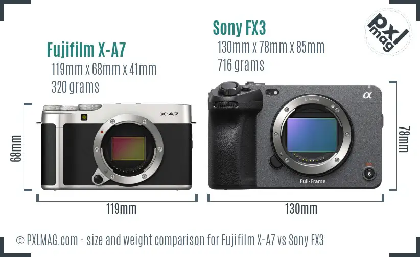 Fujifilm X-A7 vs Sony FX3 size comparison