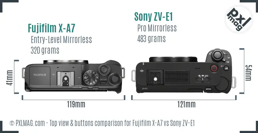 Fujifilm X-A7 vs Sony ZV-E1 top view buttons comparison