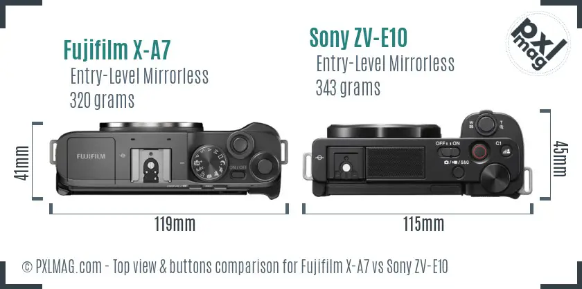 Fujifilm X-A7 vs Sony ZV-E10 top view buttons comparison