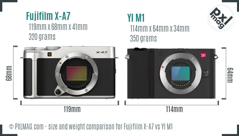Fujifilm X-A7 vs YI M1 size comparison