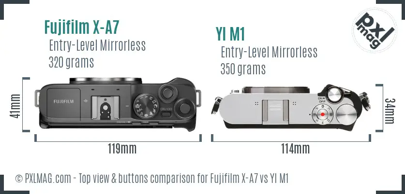 Fujifilm X-A7 vs YI M1 top view buttons comparison