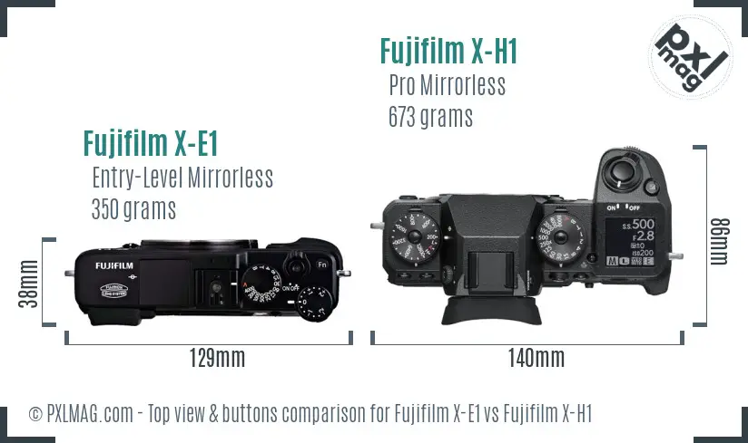 Fujifilm X-E1 vs Fujifilm X-H1 top view buttons comparison Fujifilm X-E1 vs Fujifilm X-H1 top view buttons comparison