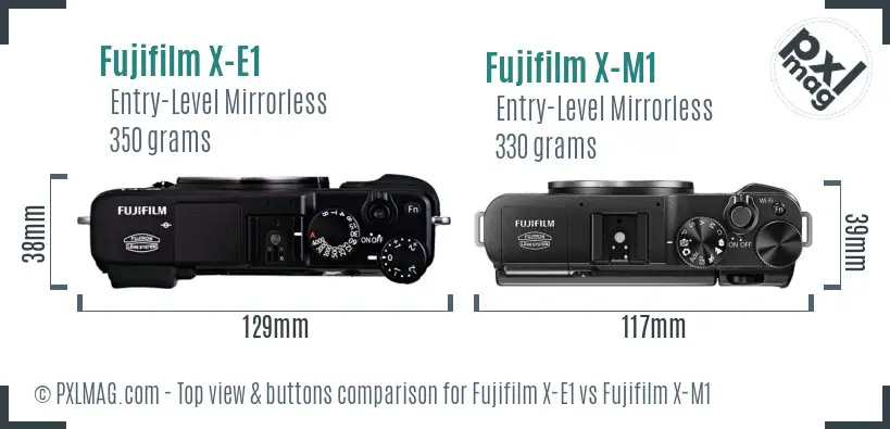 Fujifilm X-E1 vs Fujifilm X-M1 top view buttons comparison