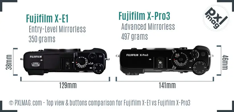 Fujifilm X-E1 vs Fujifilm X-Pro3 top view buttons comparison