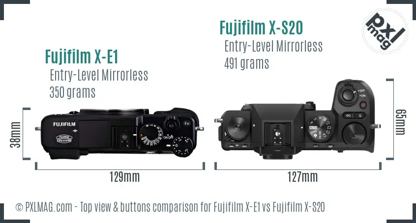 Fujifilm X-E1 vs Fujifilm X-S20 top view buttons comparison