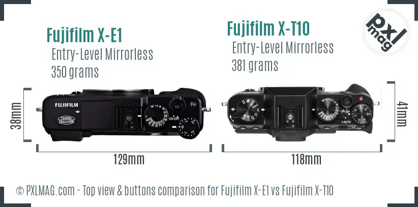 Fujifilm X-E1 vs Fujifilm X-T10 top view buttons comparison