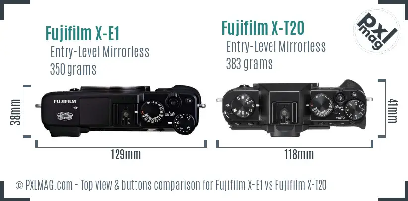 Fujifilm X-E1 vs Fujifilm X-T20 top view buttons comparison