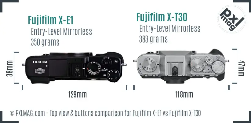 Fujifilm X-E1 vs Fujifilm X-T30 top view buttons comparison