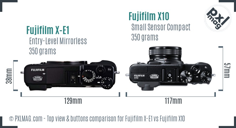 Fujifilm X-E1 vs Fujifilm X10 top view buttons comparison